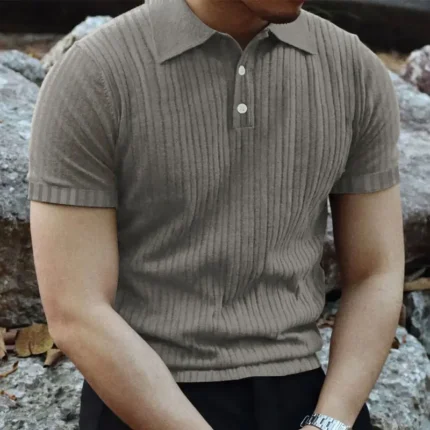 2024 Summer Knit Men's Polo Shirt Business Casual Striped Lapel Short Sleeve Henry Shirt T-shirt Comfortable Men's Clothing - Image 6
