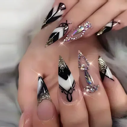24Pc False Nails with Glue Almond Black Red Gradient Design Detachable Rhinestone Acrylic Fake Nail Long Stiletto Press on Nails - Image 35