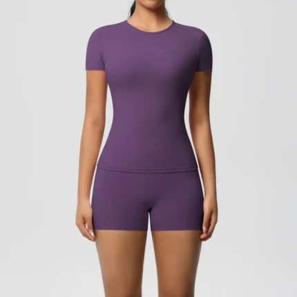 2PC Quick-Drying Gym Leggings Set Summer Short Sleeve Breathable Stretchy GYM Yoga Slim Fitness Active Top Women's cycling short - Image 14