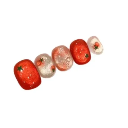 10pcs Festive Red Oval Short Press-On Nails with Cute Tomato Design Glossy Finish Holiday Nail Art Set for Women and Girls Wear - Image 17