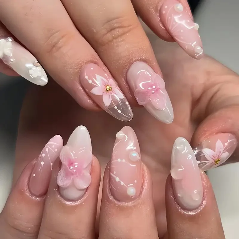 S44dd93fe7e644e1fbf793f0f614a8f54y.webp 24Pcs/box Mid-length 3D Floral Pearl Design False Nail Sweet Flower Pattern Elegant Girls Wearing Press on Nails Manicure Tips - Image 1
