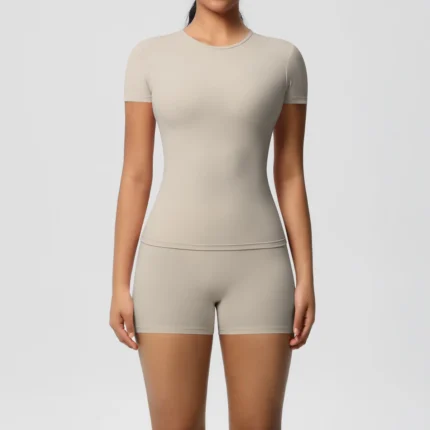 2PC Quick-Drying Gym Leggings Set Summer Short Sleeve Breathable Stretchy GYM Yoga Slim Fitness Active Top Women's cycling short - Image 15