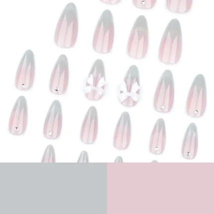 24pcs Sweet Cat Eye French Press on Nails Diamond-Pointed Three Dimensional Bow Knot Wearable Nail For Women&Girl Almond Nail - Image 4