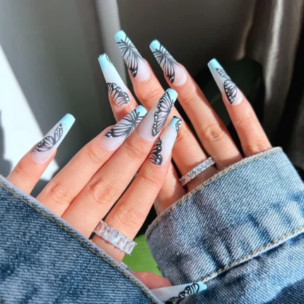 24pcs Press on Nails Punk Black White Patchwork Fire Pattern Long Coffin False Nails Ballerina Fake Nail Art Manicure Full Tips - Image 23