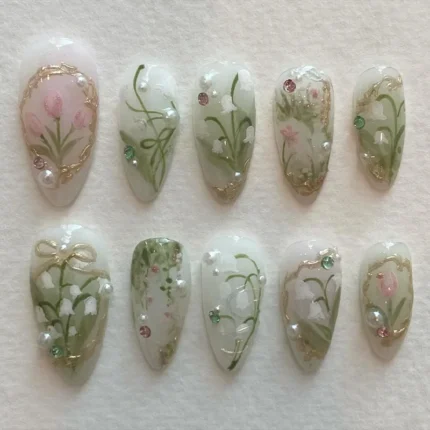 24Pcs Peach Blossom Press on Nails Cat's Eye Nude Glitter False Nail for Women&Girl Spring and Summer Detachable Wearable Nail - Image 14