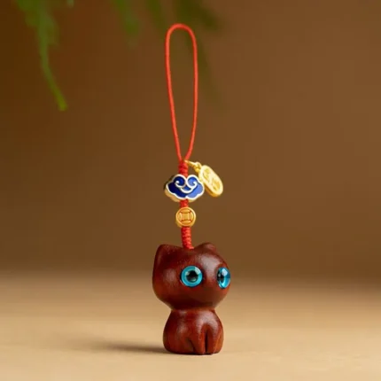 Sandalwood Wooden Cat Keychain Anime Cute Mobile Phone Chain Wooden Pendant Personality Creative Cute Accessories Hand-knitted - Image 10