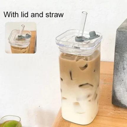 1Pcs Square Heat Resistant Coffee Glass Cup With Lid and Straw Transparent Milk Tea Juice Cups Coffee Mug For Home Bar Drinkware - Image 3