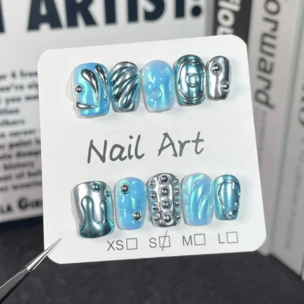 Handmade Press-On Nails | Dreamy Blue Mermaid Tears Design | Sweet-Cool Hot Girl Short Western Nails