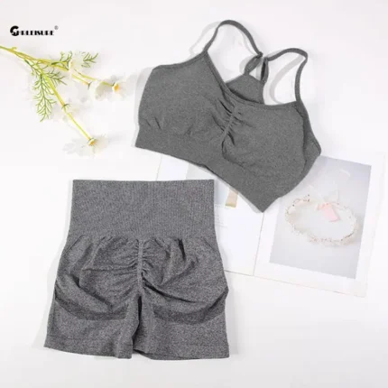 CHRLEISURE Seamless Sports Set Women's  2PCS Yoga Suit Fitness Bra with Cycling Shorts Gym Elastic Workout Outfit Activewear - Image 3
