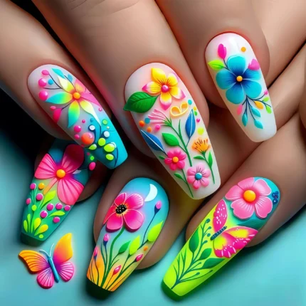 24pcs/set Short Medium fake nails for Spring summer beautiful colourful flowers bees faux ongles tips press on false nail art - Image 12
