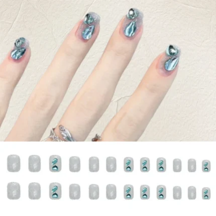 24PCS Short Silver Blue Star Moon Fake Nail Finished Product Full Cover Acrylic Removable Reusable Waterproof Press on Nails Art - Image 11