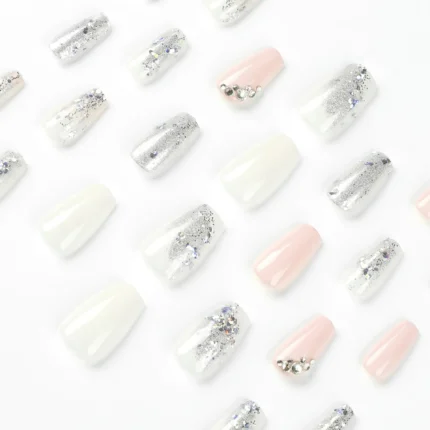 24 Pcs Glossy Short Coffin Press On Nails Pink And White French Style False Nails With Rhinestone Reusable Fake Nails - Image 4