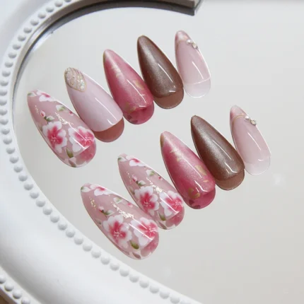 24Pcs Peach Blossom Press on Nails Cat's Eye Nude Glitter False Nail for Women&Girl Spring and Summer Detachable Wearable Nail - Image 3