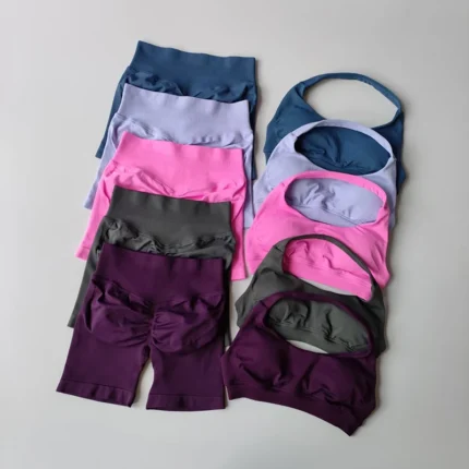 Women's Backless Hanging Neck Yoga Fitness Suit High Waisted Hip Lifting Shorts Sexy Sports Bra Set - Image 3