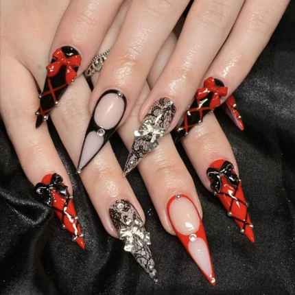 24Pc False Nails with Glue Almond Black Red Gradient Design Detachable Rhinestone Acrylic Fake Nail Long Stiletto Press on Nails - Image 21