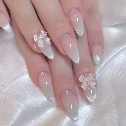 24pcs Sweet Cat Eye French Press on Nails Diamond-Pointed Three Dimensional Bow Knot Wearable Nail For Women&Girl Almond Nail - Image 15