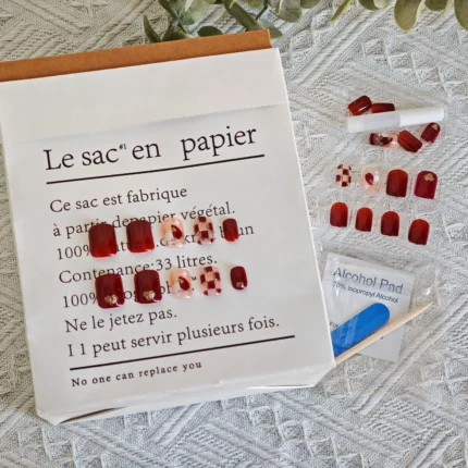 24pc Edgy Maroon Heart Checkerboard Nails Unique Medium-Short Round Press-Ons Available In Various Sizes - Image 3