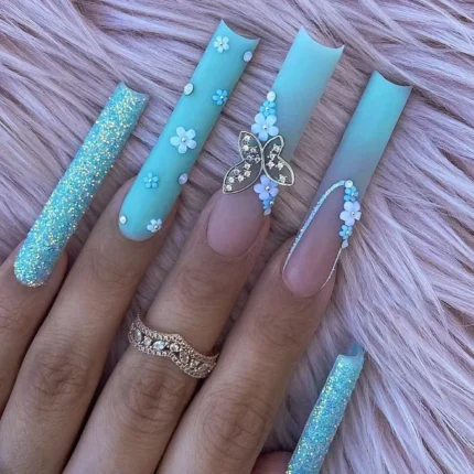 24 Pieces of Long Coffin Shaped Blue Glitter and Gradient Pattern 3D Butterfly Dot Diamond Frosted Fake Nails Summer Series - Image 6