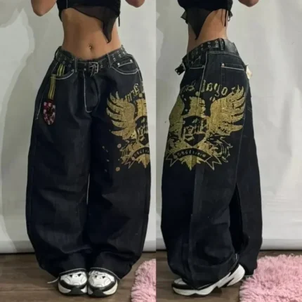 2024 New American hip-hop Vintage baggy jeans women's Harajuku high waist Y2K wide-leg pants Gothic wide pants Streetwear pants - Image 9