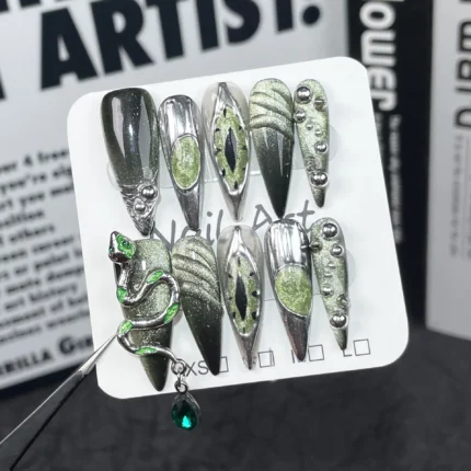 Handmade Press-On Nails | Dark Slytherin Serpentine Style | Long Stiletto Punk Metallic Evil Eye Design