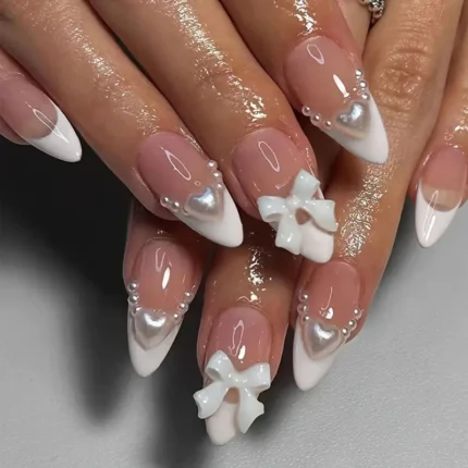 24pcs Sweet Cat Eye French Press on Nails Diamond-Pointed Three Dimensional Bow Knot Wearable Nail For Women&Girl Almond Nail - Image 17