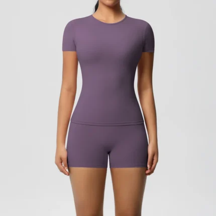 2PC Quick-Drying Gym Leggings Set Summer Short Sleeve Breathable Stretchy GYM Yoga Slim Fitness Active Top Women's cycling short - Image 18