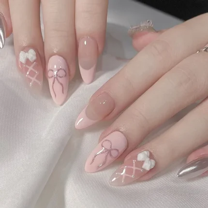 24pcs Sweet Cat Eye French Press on Nails Diamond-Pointed Three Dimensional Bow Knot Wearable Nail For Women&Girl Almond Nail - Image 11