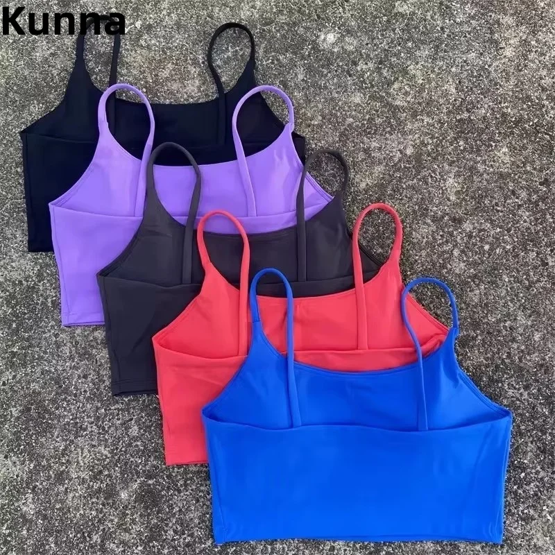 S6c076f156f184149b7084e1d98b880826.webp Women's Solid Color Spaghetti Strap Sports Bra Tight Fitness Camisole Top with Chest Pad for Yoga, Gym & Comprehensive Training - Image 1