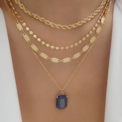 Boho Multi-layered Stainless Steel Square Necklace For Women Color Rectangular multicolor Crystal Pendant Necklaces Trendy Jewel