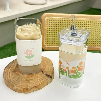 1Pcs Square Heat Resistant Coffee Glass Cup With Lid and Straw Transparent Milk Tea Juice Cups Coffee Mug For Home Bar Drinkware - Image 5