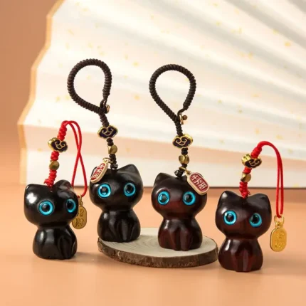 Sandalwood Wooden Cat Keychain Anime Cute Mobile Phone Chain Wooden Pendant Personality Creative Cute Accessories Hand-knitted - Image 6