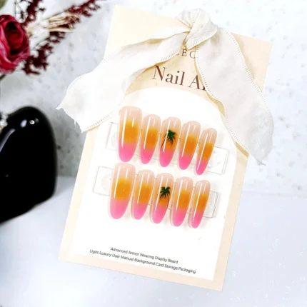 24Pcs Summer Island Handmade Press on Nail Coconut Tree Hawaii Refreshing Blush False Nail for Women&Girl Wearable Nail Art - Image 3