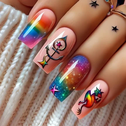 24pcs/set Medium long fake nail tips for women colorful gradient glitter starry design for Spring Summer press on false nail art - Image 5