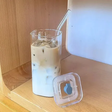 1Pcs Square Heat Resistant Coffee Glass Cup With Lid and Straw Transparent Milk Tea Juice Cups Coffee Mug For Home Bar Drinkware - Image 4