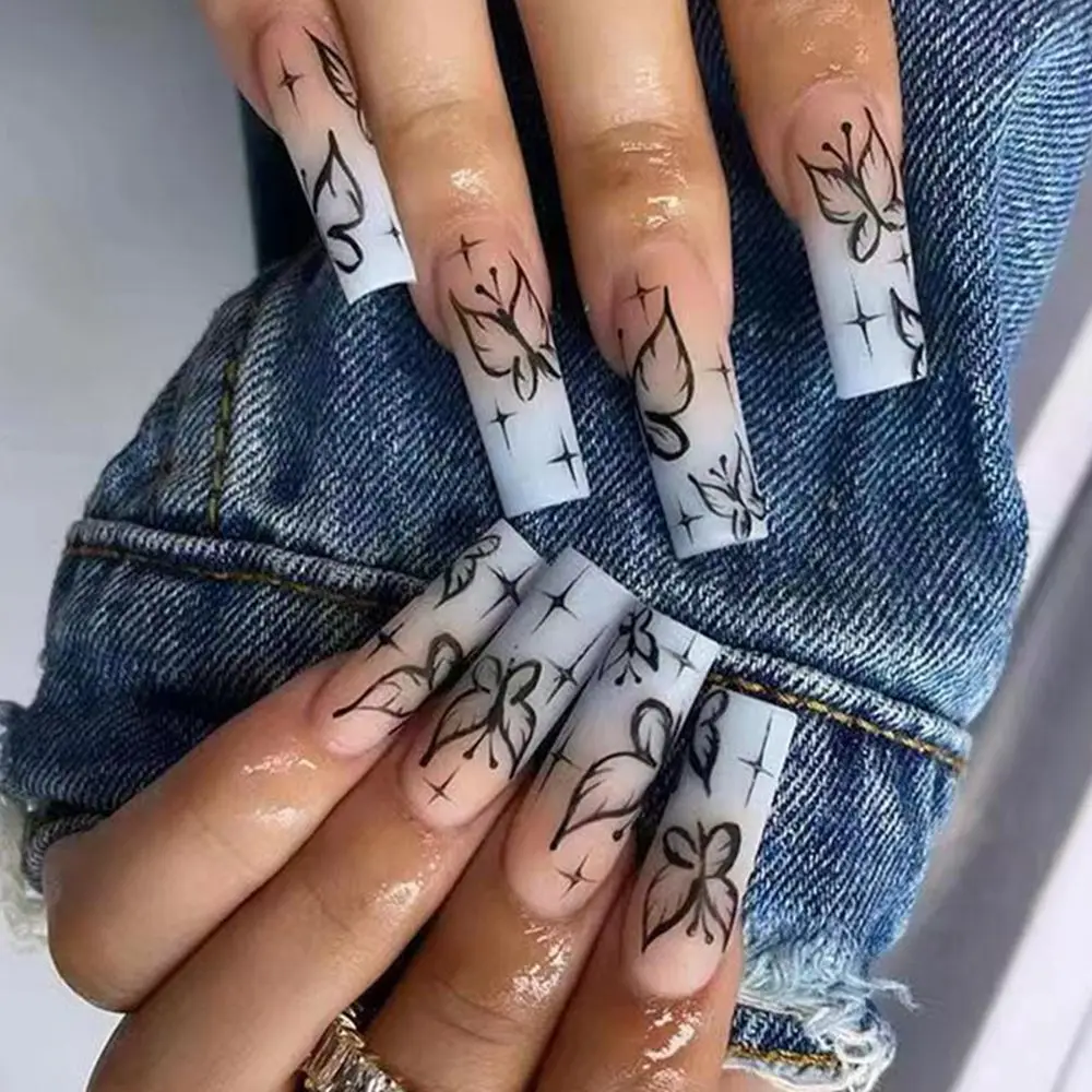 S8aeed76563834bce88fdb5e4d048c493z.webp 24Pcs Gradient Fake Nails With Black Butterfly Long Ballet Coffin Detachable Full Cover Press On False Nail Art Tips Tool - Image 1