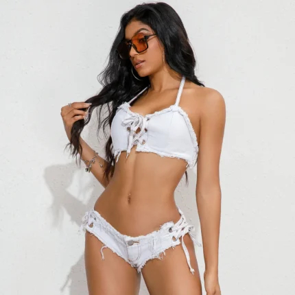 650 # New Sexy Elastic Three Point Beach Swimwear Set Bikini Split Swimwear Mesh Red Denim Bikini Women - Image 7