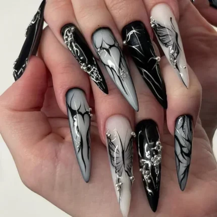 24Pc False Nails with Glue Almond Black Red Gradient Design Detachable Rhinestone Acrylic Fake Nail Long Stiletto Press on Nails - Image 3
