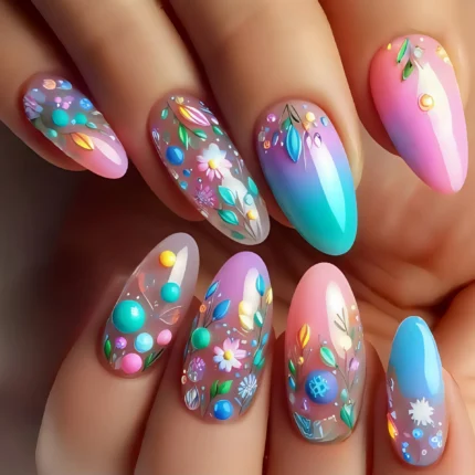 24pcs/set Short Medium fake nails for Spring summer beautiful colourful flowers bees faux ongles tips press on false nail art - Image 9