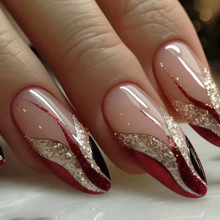 24Pc False Nails with Glue Almond Black Red Gradient Design Detachable Rhinestone Acrylic Fake Nail Long Stiletto Press on Nails - Image 19