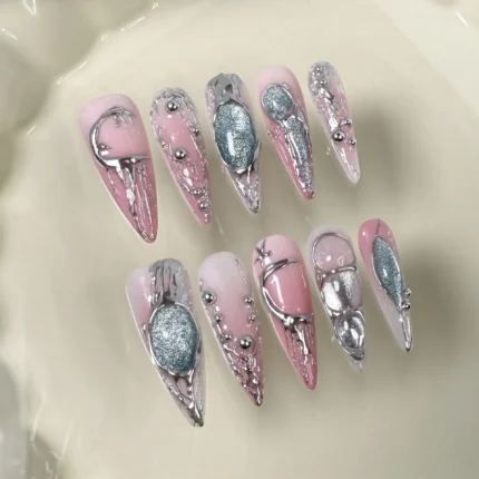 Handmade Press-On Nails with Dreamy Pink-Silver Two-Tone Gradient | Western Sweet-Cool Metallic Style | Instagram-Inspired False - Image 4