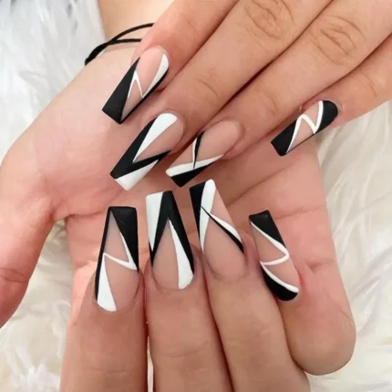 24pcs Press on Nails Punk Black White Patchwork Fire Pattern Long Coffin False Nails Ballerina Fake Nail Art Manicure Full Tips - Image 10