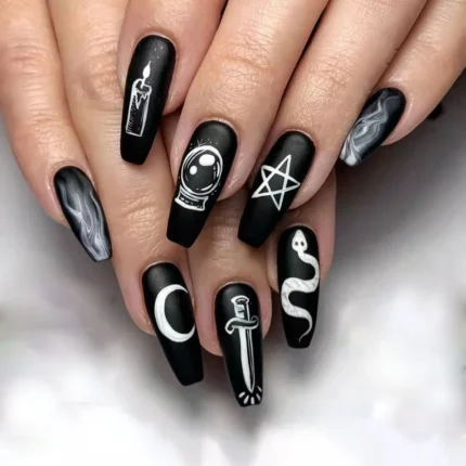 24pcs Press on Nails Punk Black White Patchwork Fire Pattern Long Coffin False Nails Ballerina Fake Nail Art Manicure Full Tips - Image 17