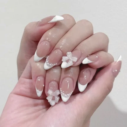 24pcs Sweet Cat Eye French Press on Nails Diamond-Pointed Three Dimensional Bow Knot Wearable Nail For Women&Girl Almond Nail - Image 10