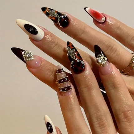 24Pc False Nails with Glue Almond Black Red Gradient Design Detachable Rhinestone Acrylic Fake Nail Long Stiletto Press on Nails - Image 22