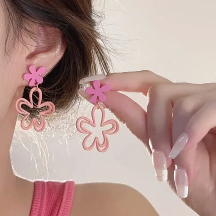 Sweet Pink Flower Women's Earrings Double-layers Hollow Floral Pendants Hanging Earrings for Female Korean New Fashion Jewelry - Image 5
