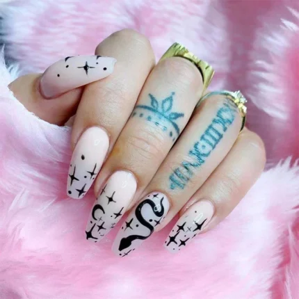 24pcs Press on Nails Punk Black White Patchwork Fire Pattern Long Coffin False Nails Ballerina Fake Nail Art Manicure Full Tips - Image 25