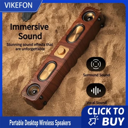 VIKEFON Desktop Wireless Speakers Wood Grain Portable Speakers 3D Stereo And Subwoofer Music Movie Assisted Amplification Gifts