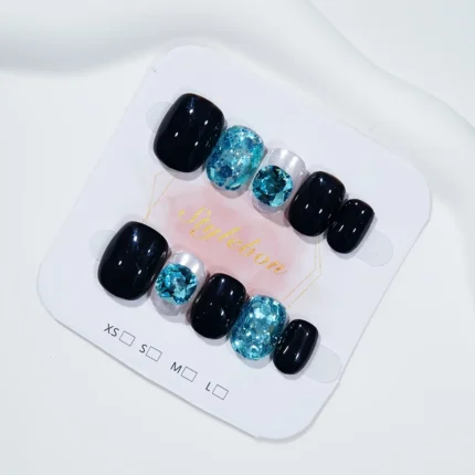 10pcs Handmade Press on Nails Black Full Blue Gradient Diamond False Nail Short Oval Detachable Wearable Nail for Women&Girls - Image 4