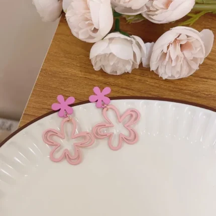 Sweet Pink Flower Women's Earrings Double-layers Hollow Floral Pendants Hanging Earrings for Female Korean New Fashion Jewelry - Image 4
