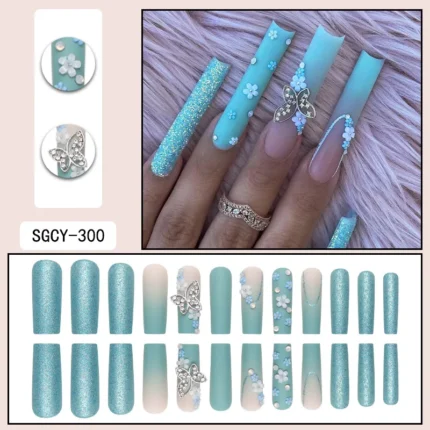24 Pieces of Long Coffin Shaped Blue Glitter and Gradient Pattern 3D Butterfly Dot Diamond Frosted Fake Nails Summer Series - Image 4